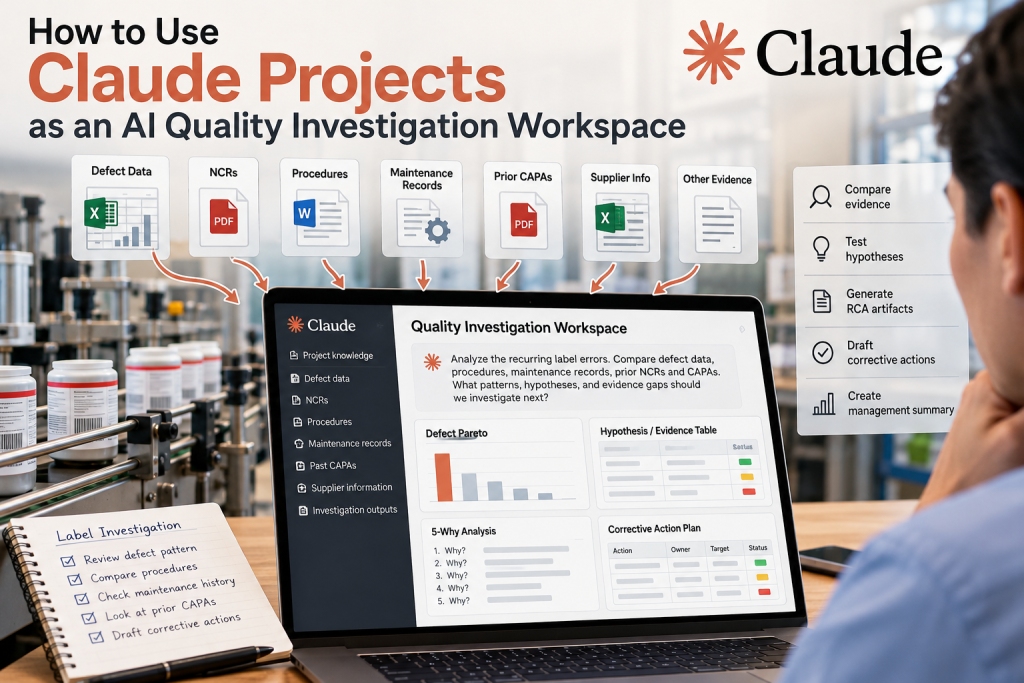 Person in a lab uses a laptop showing a 'Quality Investigation Workspace' dashboard with project icons floating above.